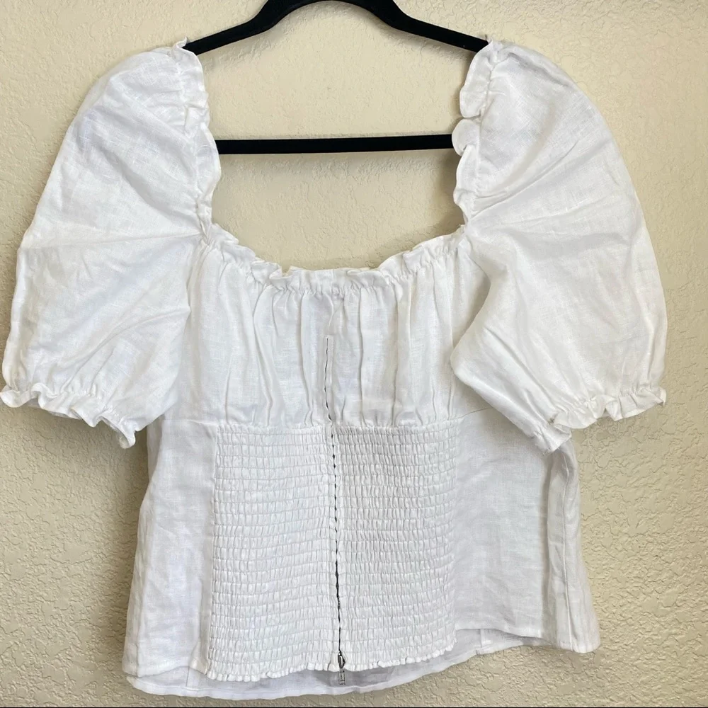 Reformation White 100% Linen Salina Top puff sleeve crop top size 16